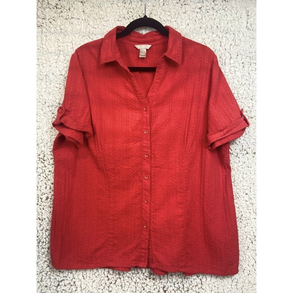 White Stag red button up short sleeve blouse elastic back  women's size 2XL